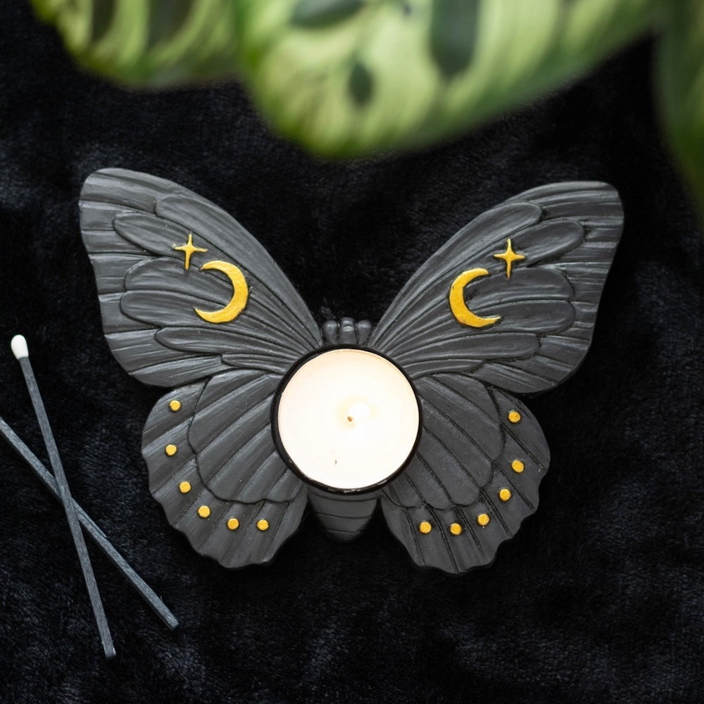 Black moth tea light candle holder