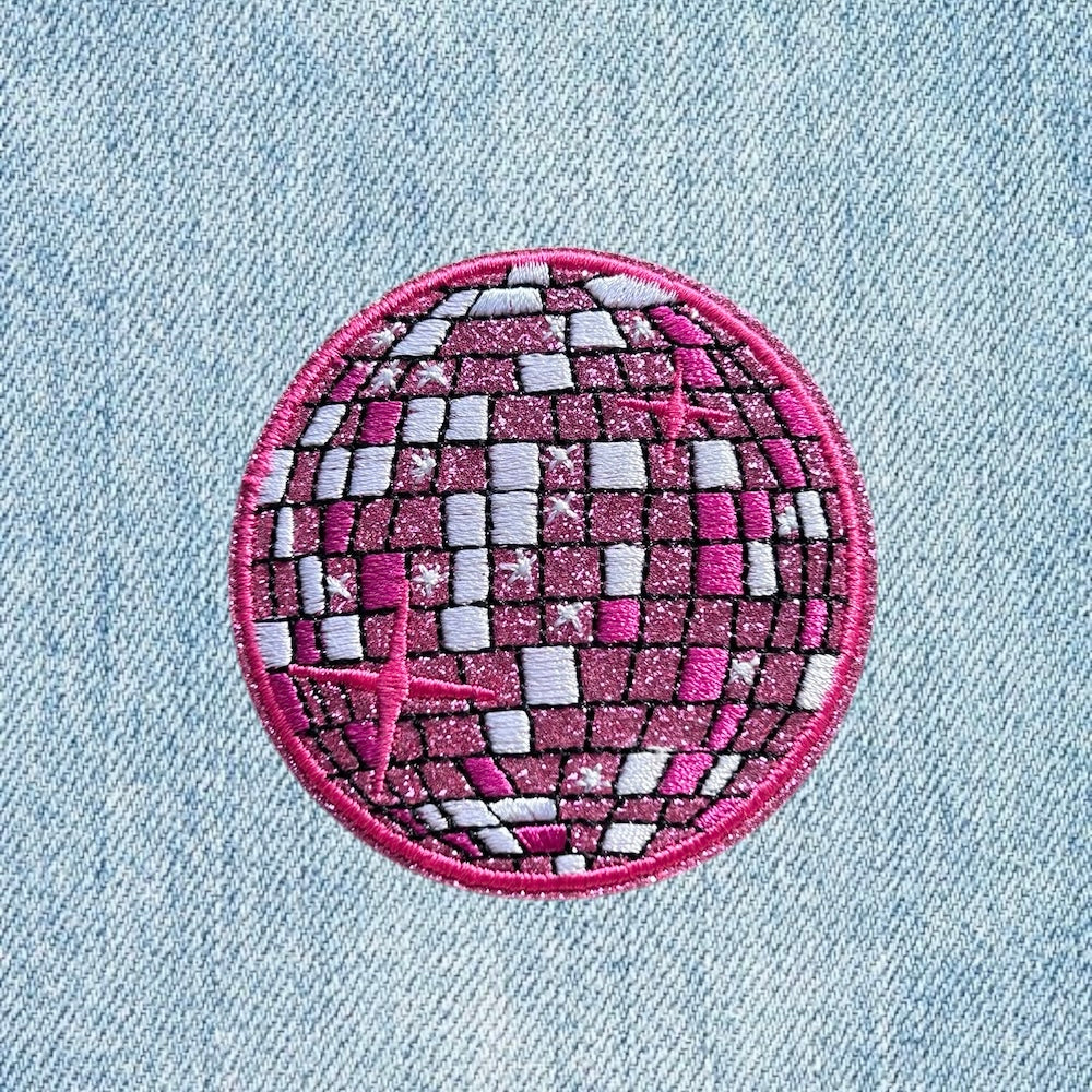 Pink disco ball embroidery patch