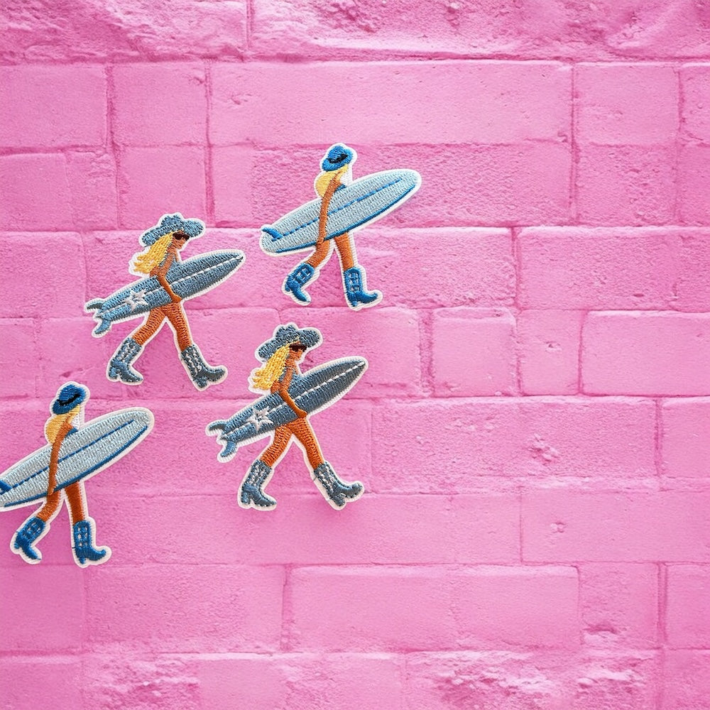 Cowgirl surfing embroidery patch