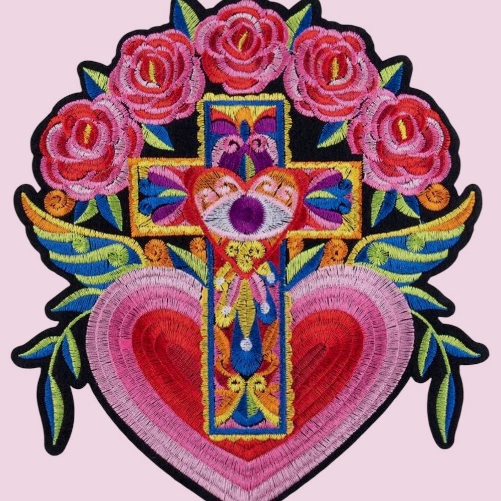 Heart cross evil eye embroidery patch