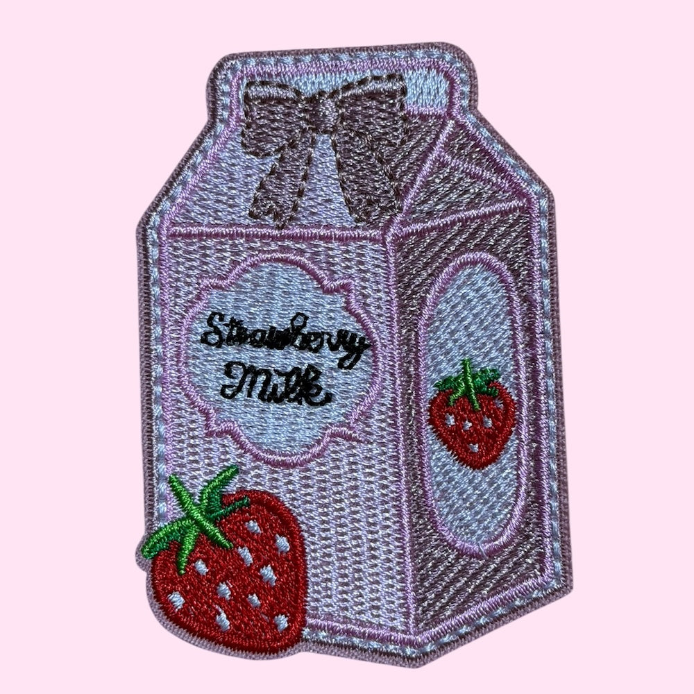 Strawberry milk embroidery patch