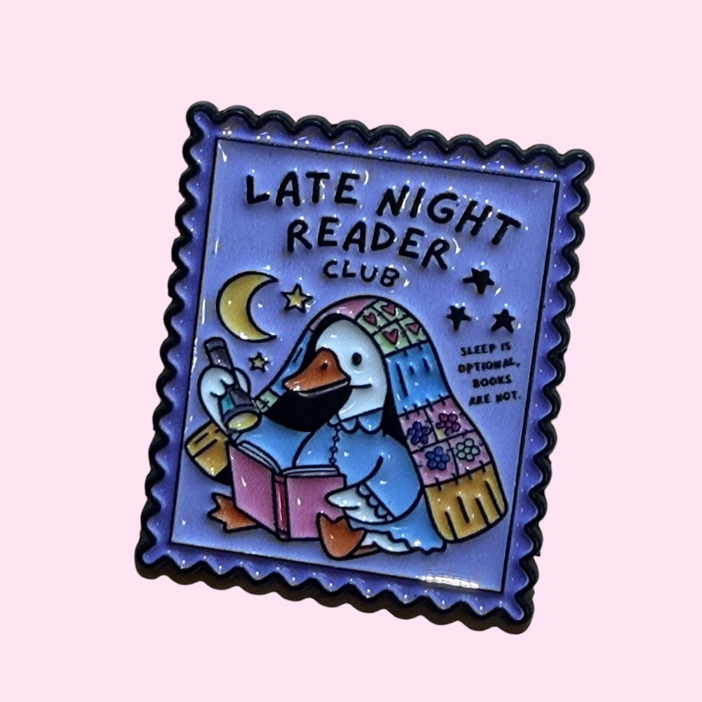 Late night reader club enamel pin