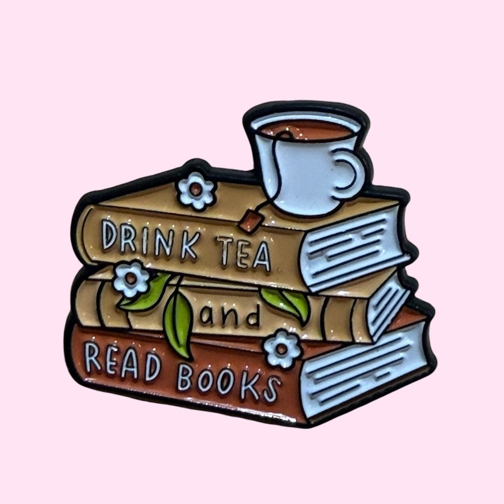 Drink tea and read books enamel pin