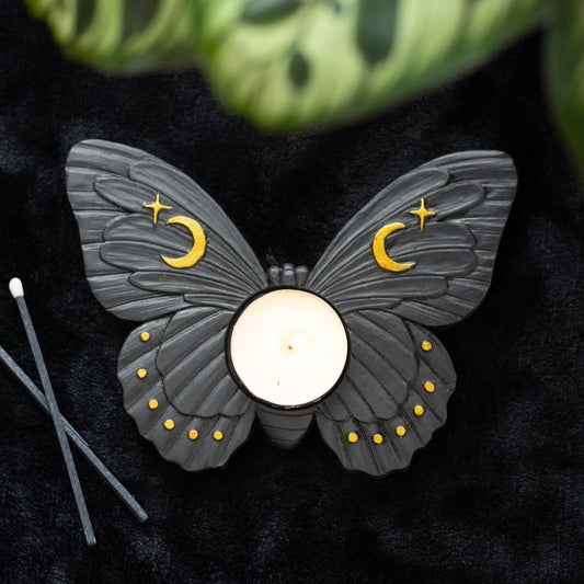 Black moth tea light candle holder