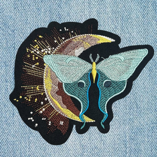 Moon and green moth embroidery patch