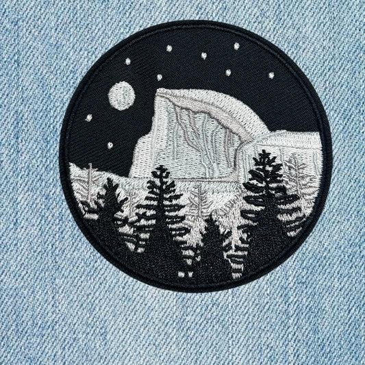Night time mountain scape circle embroidery patch
