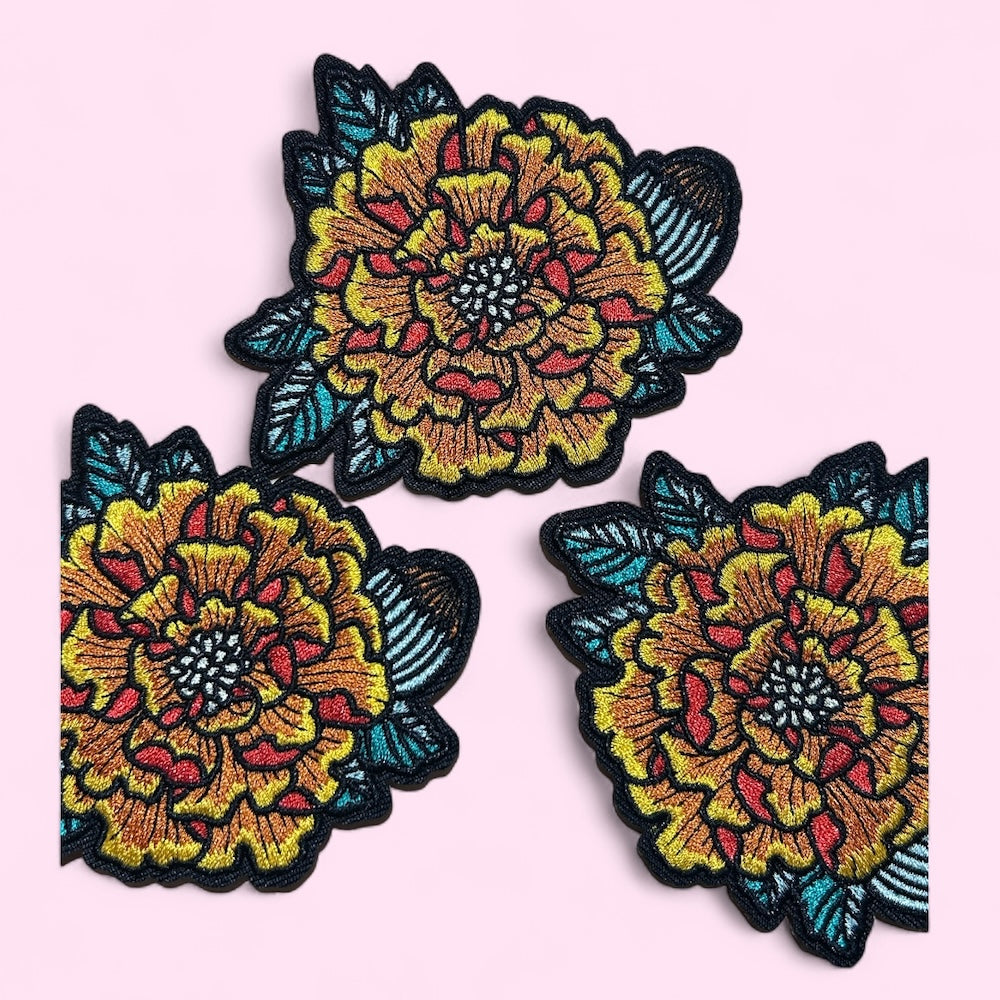 Marigold flower embroidery patch