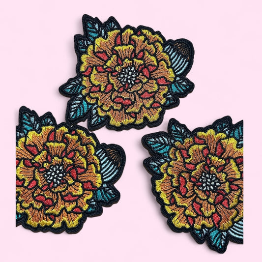 Marigold flower embroidery patch