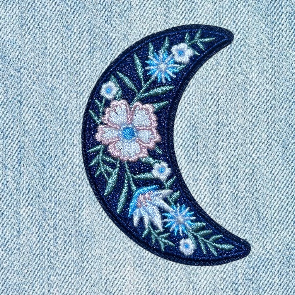 Blue moon floral embroidery patch