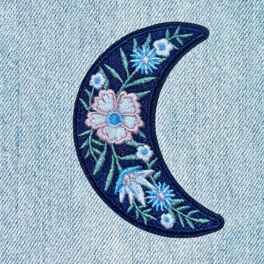 Blue moon floral embroidery patch