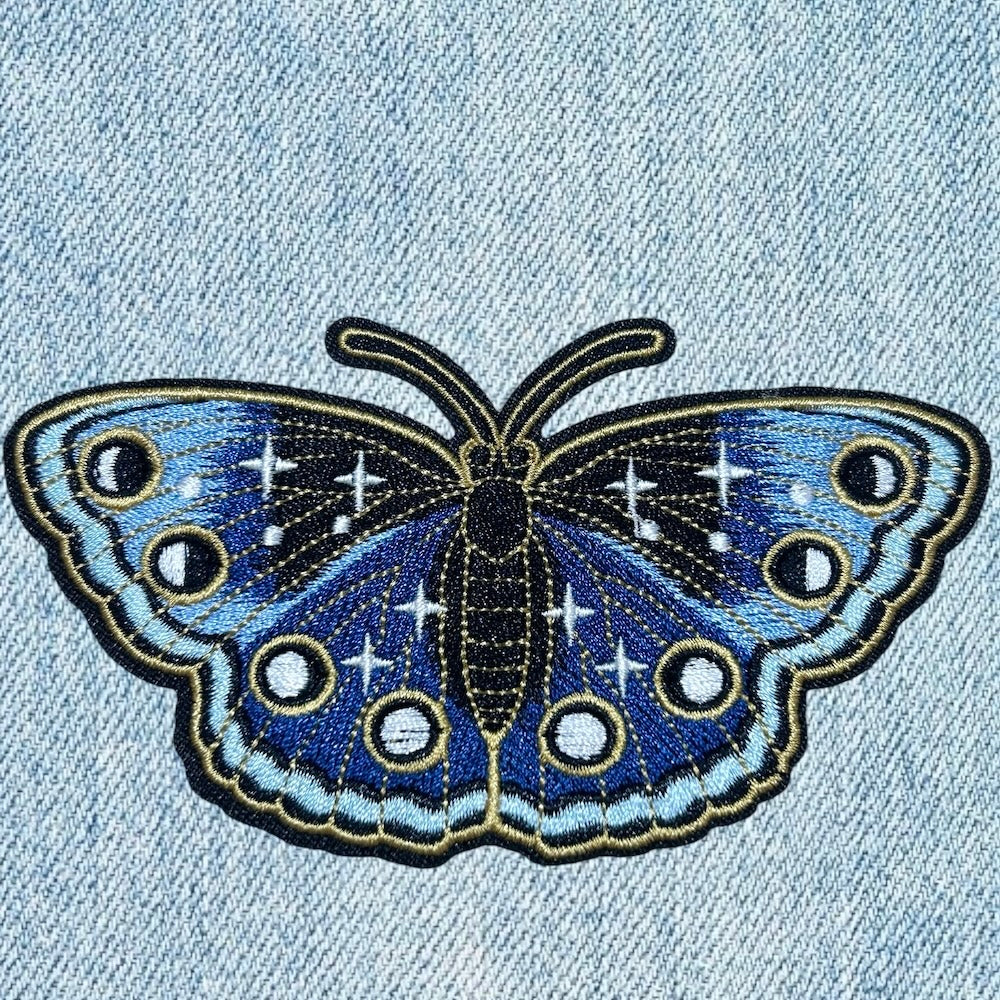 Blue star butterfly embroidery patch