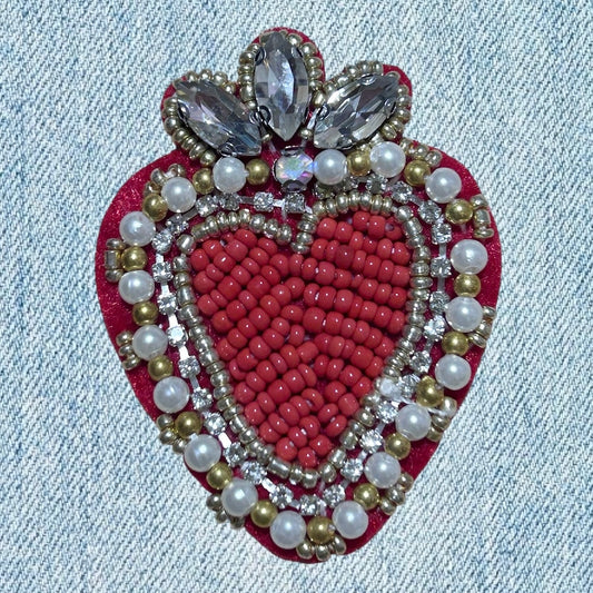 Red bedazzled heart embroidery patch