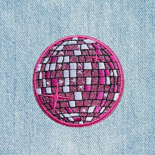Pink disco ball embroidery patch