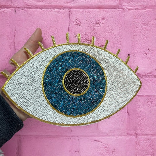 Large blue evil eye sequin embroidery patch