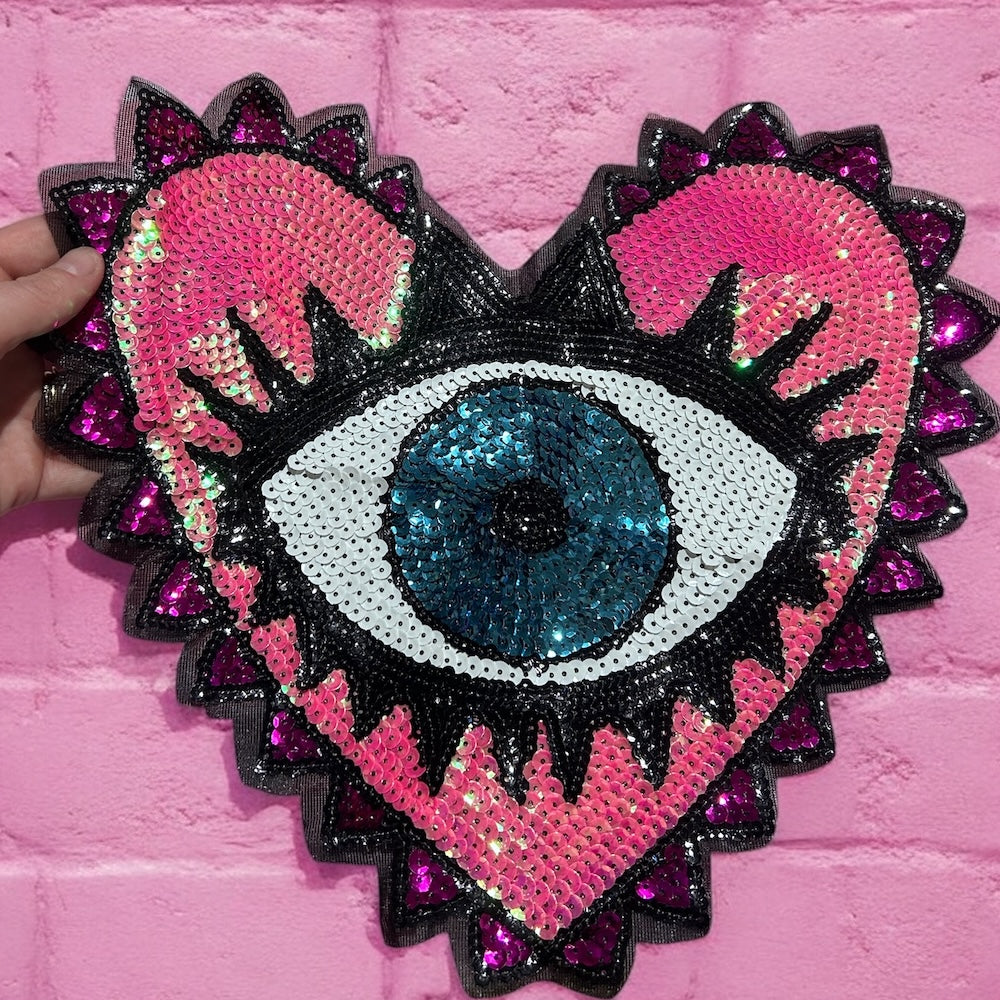 Pink heart evil eye sequin embroidery patch