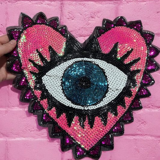 Pink heart evil eye sequin embroidery patch