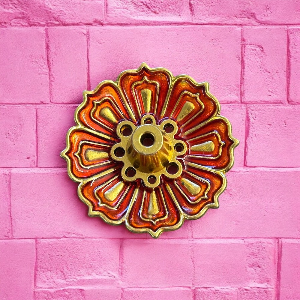 Metal flower incense holder orange
