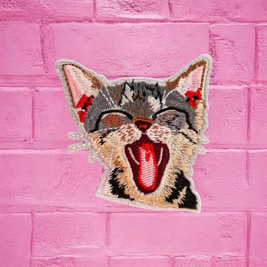 Yawning kitty embroidery patch