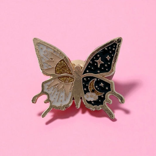 Sun and moon butterfly enamel pin