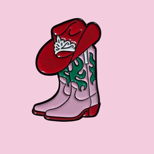 Pink cowboy boots and hat enamel pin