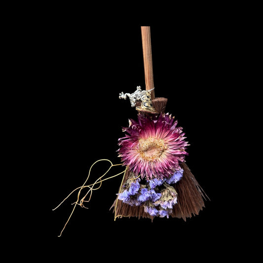 Magical handcrafted broom long handle pink purple floral