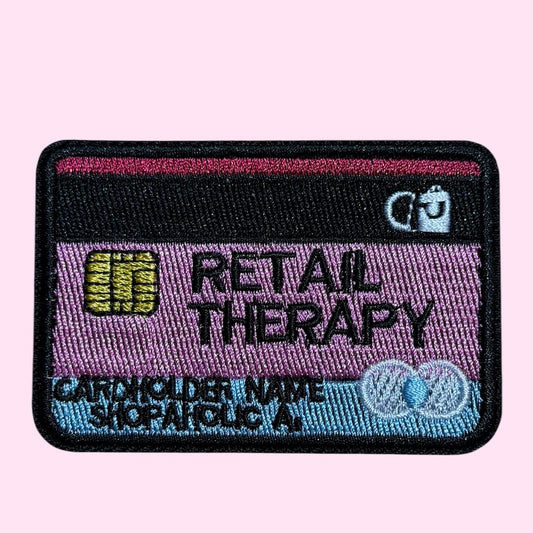 Retail therapy card embroidery patch