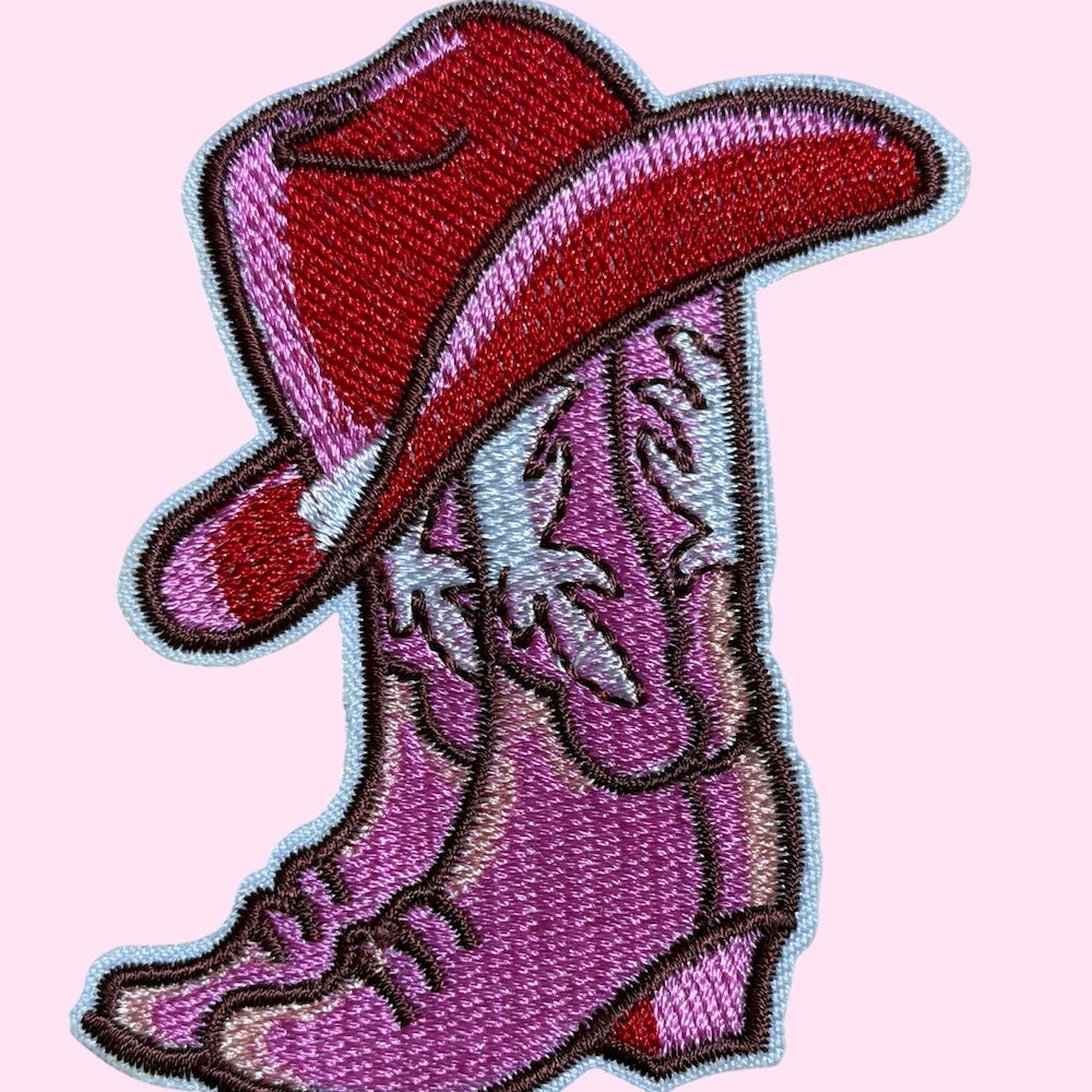 Pink and red cowboy boots and hat embroidery patch