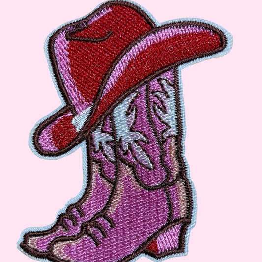 Pink and red cowboy boots and hat embroidery patch