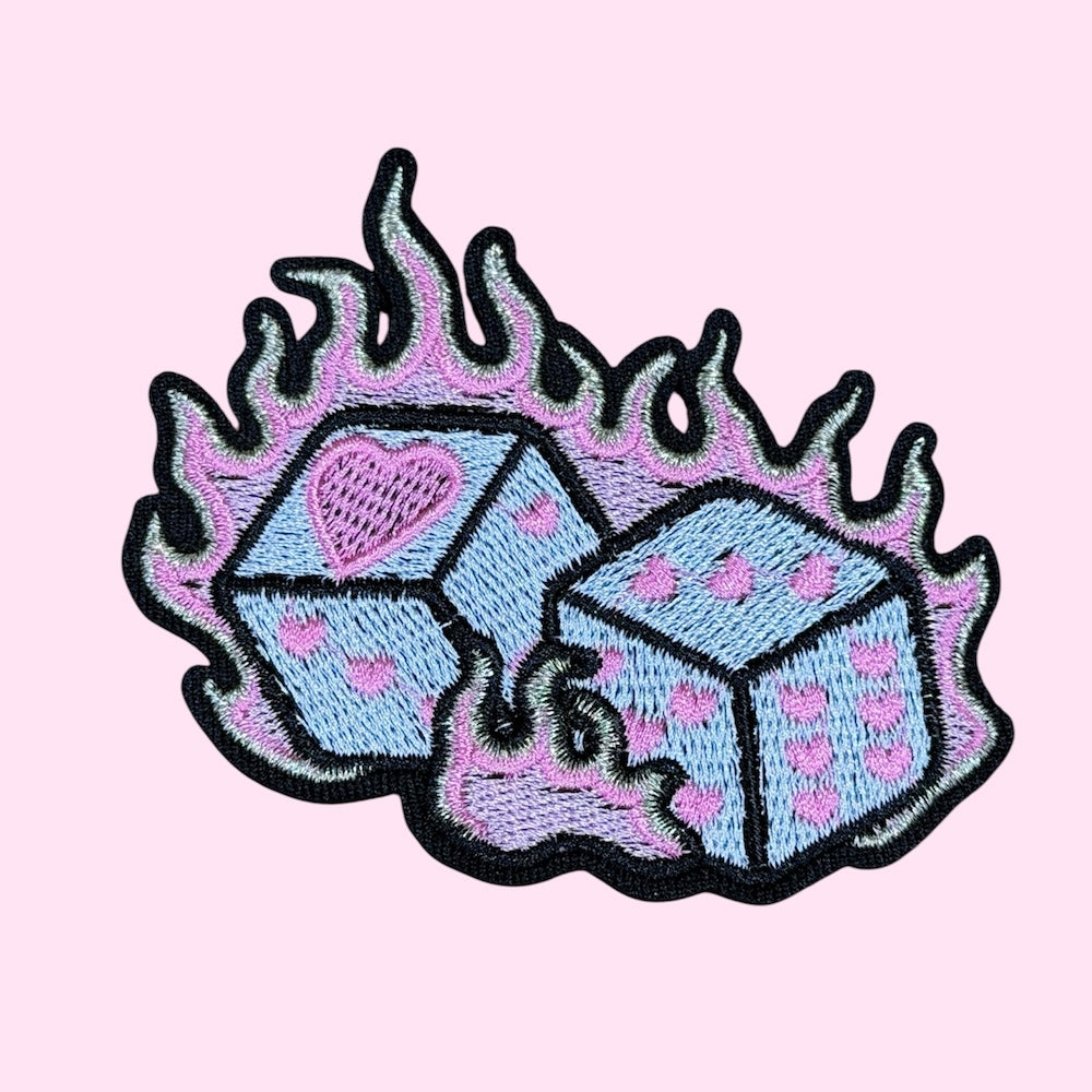 Flaming dice embroidery patch
