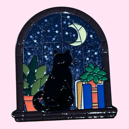 Cat in window enamel pin