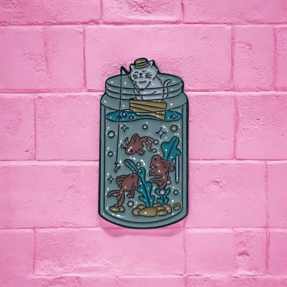 Kitten fishing enamel pin