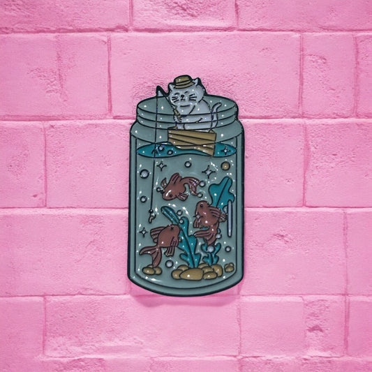 Kitten fishing enamel pin