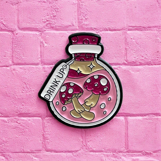 Drink up mushroom potion enamel pin